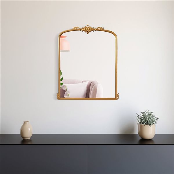 A&E Bath & Shower Rosae 28 W x 34-in H Gold Metal Frame Wall-Mounted Arched Mirror