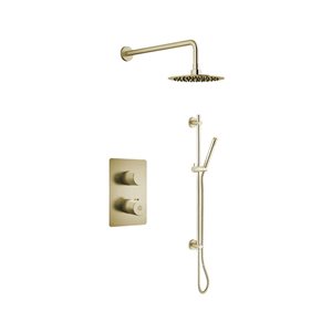 Agua Canada Vanika 2-Spray Patterns Brushed Gold Wall Mounted Dual Shower Faucet w/ Pressure Valve