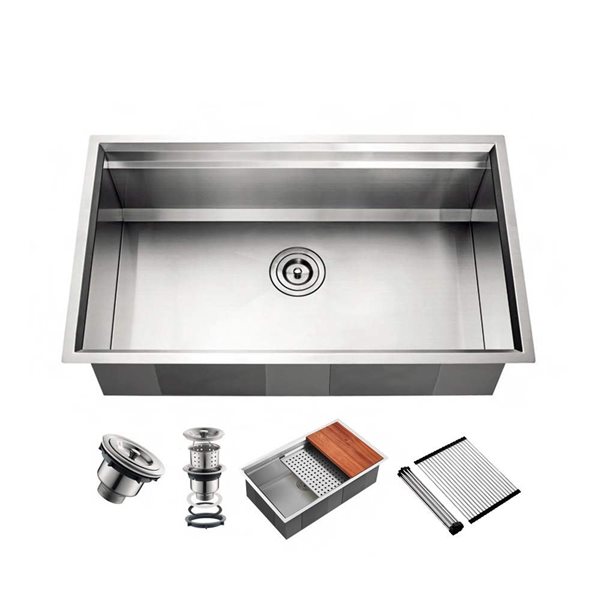 Évier de cuisine simple Empire de Agua Canada 32 x 19 po acier inoxydable à montage sous plan, accessoires inclus