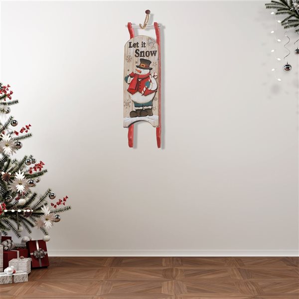 Décoration murale en bois bonhomme de neige sur traîneau "Let it Snow" iH casadécor, 18,11 x 5,9 po