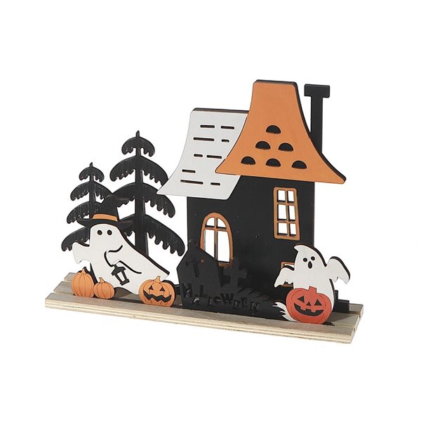 iH casadécor 9.06 L x 1.97 W x 7.09-in H Wooden Ghosts and House Halloween Tabletop Decoration