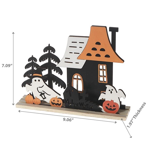 iH casadécor 9.06 L x 1.97 W x 7.09-in H Wooden Ghosts and House Halloween Tabletop Decoration