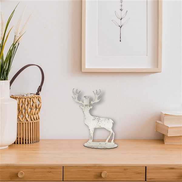 iH casadécor 8.07 L x 2.56 W x 10.04-in H Distressed White Deer Candleholder