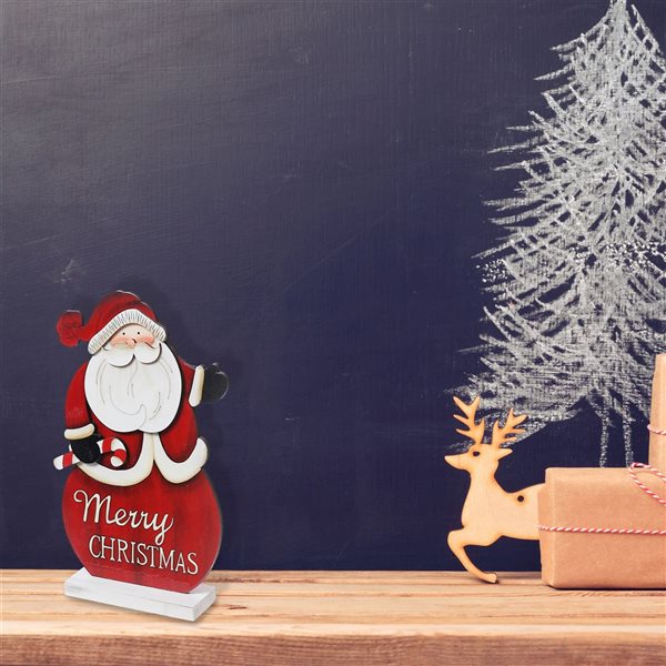 iH casadécor 7.87 L x 2.17 W x 12.2-in H Wooden "Merry Christmas" Santa Tabletop Decoration