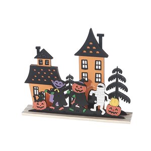 iH casadécor 7.09 L x 1.97 W x 8.86-in H Wooden House with Trick or Treat Halloween Tabletop Decoration