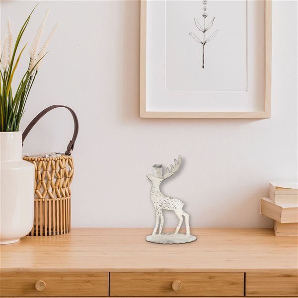 iH casadécor 6.1 L x 2.56 W x 9.84-in H Distressed White Deer Candleholder