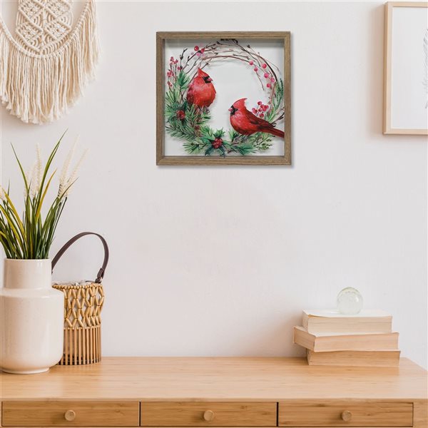 iH casadécor 12 x 12-in Wreath and Cardinals Framed Wall Hanging Art