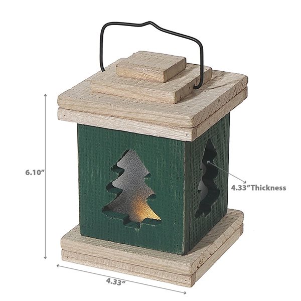 iH casadécor 4.33 L x 4.33 W x 6.1-in H Green Wooden LED Lighted Lantern Tabletop Decoration