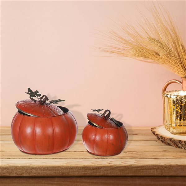 iH casadécor 14.15 dia x 11-in H Orange Metal Pumpkin Jars Halloween Tabletop Decorations - Set of 2