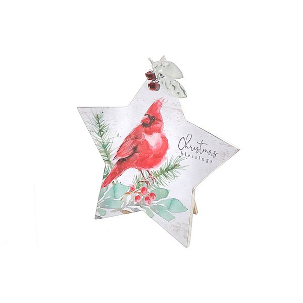 iH casadécor 7.87 L x 0.47 W x 7.56-in H Wooden Star with Cardinal "Christmas Blessings" Tabletop Decoration