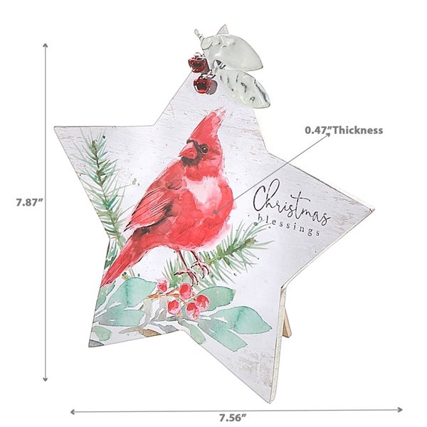 iH casadécor 7.87 L x 0.47 W x 7.56-in H Wooden Star with Cardinal "Christmas Blessings" Tabletop Decoration