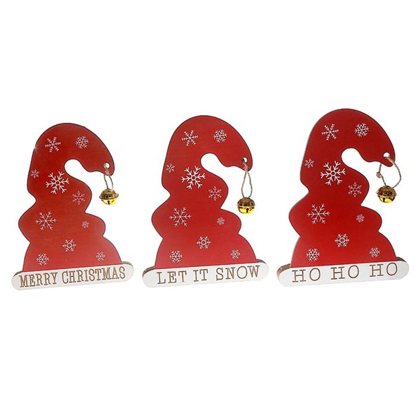 iH casadécor 5.51 L x 0.79 W x 7.87-in H Wooden Christmas Hat with Bell Tabletop Decorations - Set of 3