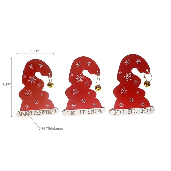 iH casadécor 5.51 L x 0.79 W x 7.87-in H Wooden Christmas Hat with Bell Tabletop Decorations - Set of 3