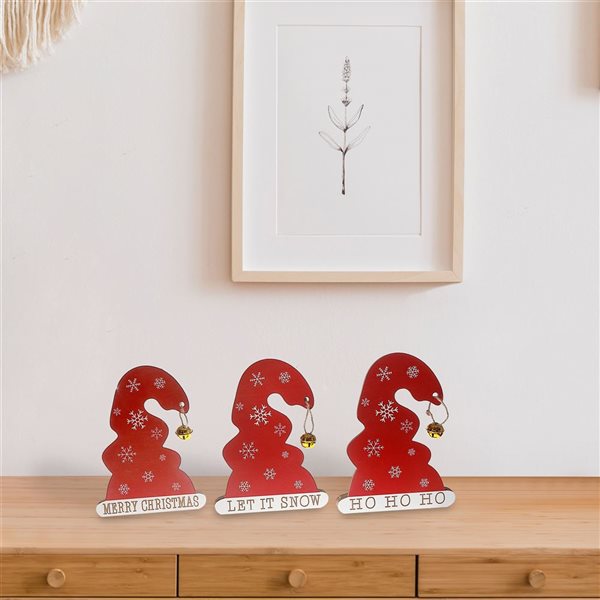 iH casadécor 5.51 L x 0.79 W x 7.87-in H Wooden Christmas Hat with Bell Tabletop Decorations - Set of 3