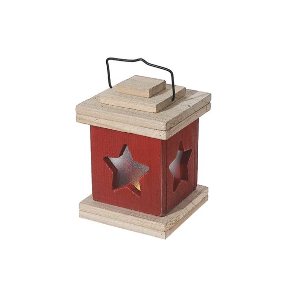 iH casadécor 4.33 L x 4.33 W x 6.1-in H Red Wooden LED Lighted Lantern Tabletop Decoration