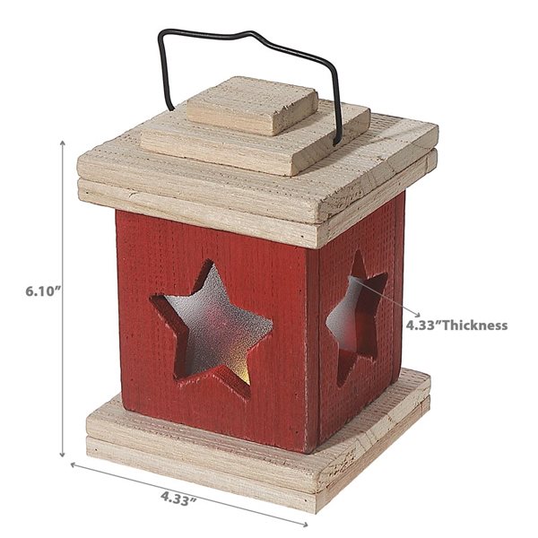 iH casadécor 4.33 L x 4.33 W x 6.1-in H Red Wooden LED Lighted Lantern Tabletop Decoration