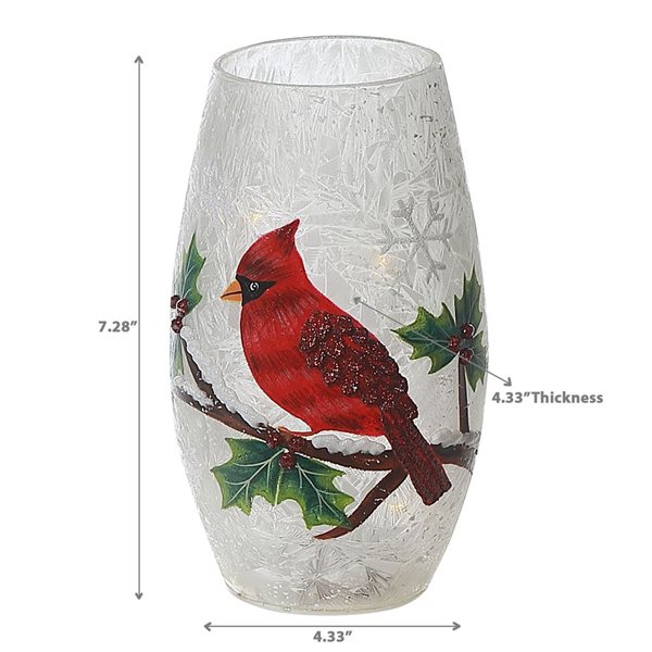 iH casadécor 4.33 L x 4.33 W x 7.28-in H Frosted Holly Berry Cardinal Holiday Vase