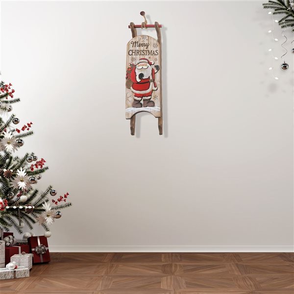 iH casadécor 18.11 x 5.9-in "Merry Christmas" Santa Sleigh Wooden Wall Hanging Art