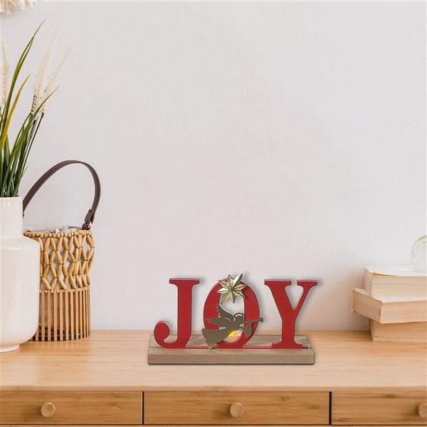 iH casadécor 8.66 L x 1.97 W x 3.94-in H LED Lighted Wooden "Joy" with Angel Tabletop Decoration