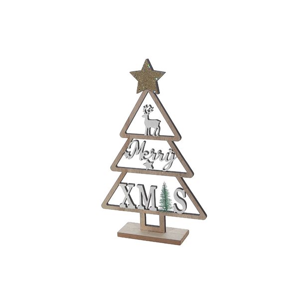 iH casadécor 7.87 L x 1.97 W x 12.6-in H Wooden "Merry Xmas" Tree on Stand Tabletop Decoration