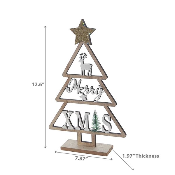 iH casadécor 7.87 L x 1.97 W x 12.6-in H Wooden "Merry Xmas" Tree on Stand Tabletop Decoration