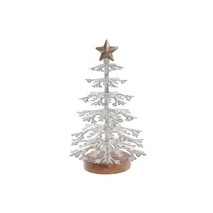 Décoration de table en métal blanc Arbre flocon de neige à base en acacia iH casadécor, 8 L. x 8 l. x 13 po h.