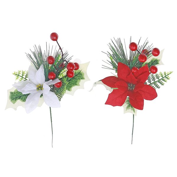 iH casadécor 11-in H Artificial Poinsettia and Berry Stems - Set of 12