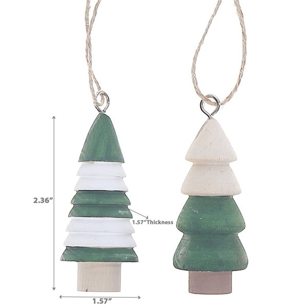 iH casadécor 2.36-in H Green and White Wooden Tree Ornament - Set of 12