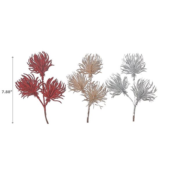 iH casadécor Red/Golden/Silver Glitter Urchin Flower Christmas Ornament - Set of 12