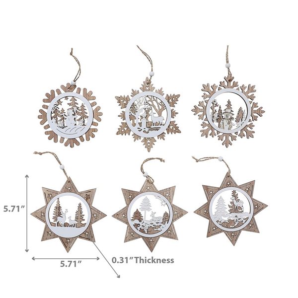 iH casadécor 5.71-in dia White and Natural Wooden Snowflake with Winter Scenic Ornament - Set of 12