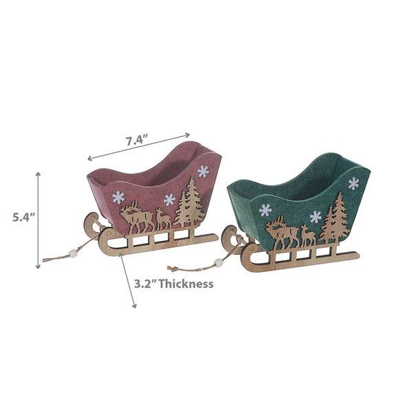 iH casadécor 7.4-in H Green and Red Felt Sled Ornament - Set of 2