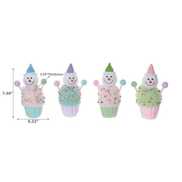 iH casadécor 7.48-in H Pastel Colours Polyfoam Snowman on Cupcake Ornament - Set of 4