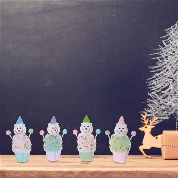 iH casadécor 7.48-in H Pastel Colours Polyfoam Snowman on Cupcake Ornament - Set of 4