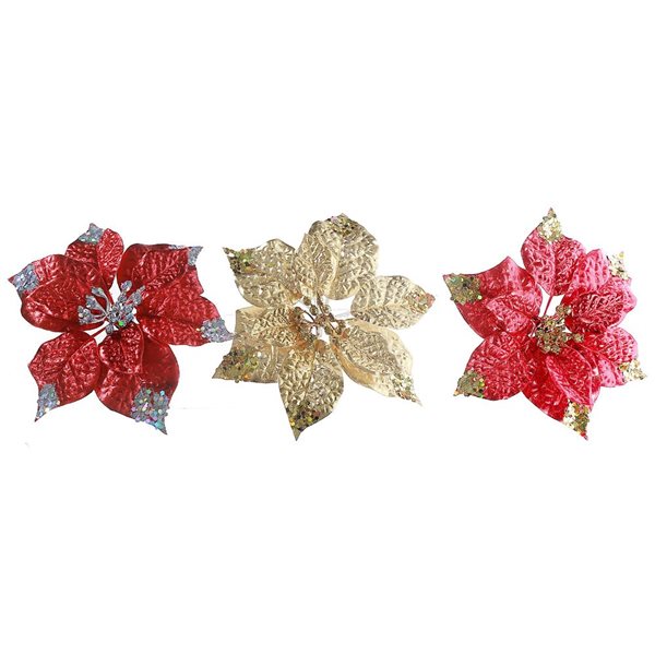 Décoration de Noël poinsettia à bord pailleté à pince par iH casadécor rouge/doré/argent, 6/pqt