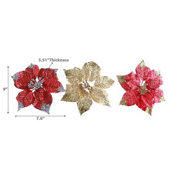 Décoration de Noël poinsettia à bord pailleté à pince par iH casadécor rouge/doré/argent, 6/pqt