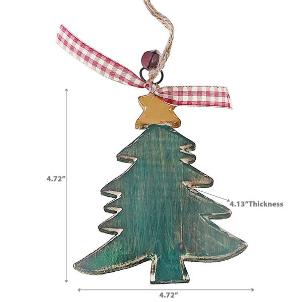 iH casadécor 4.72-in H Green Wooden Christmas Tree with Ribbon and Bell Ornament - Set of 12