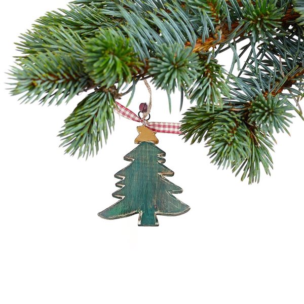 iH casadécor 4.72-in H Green Wooden Christmas Tree with Ribbon and Bell Ornament - Set of 12