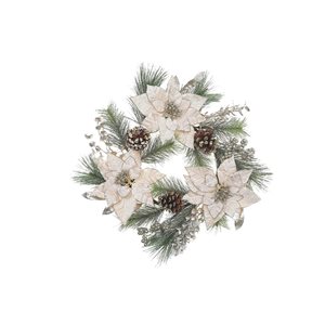 iH casadécor White/Green/Brown Poinsettia and Pinecone Christmas Wreath