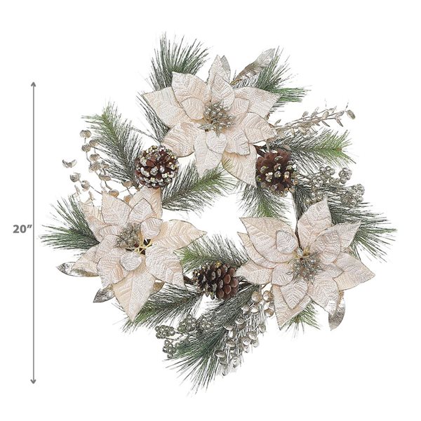 Couronne de Noël poinsettias et pommes de pin iH casadécor blanc/vert/brun