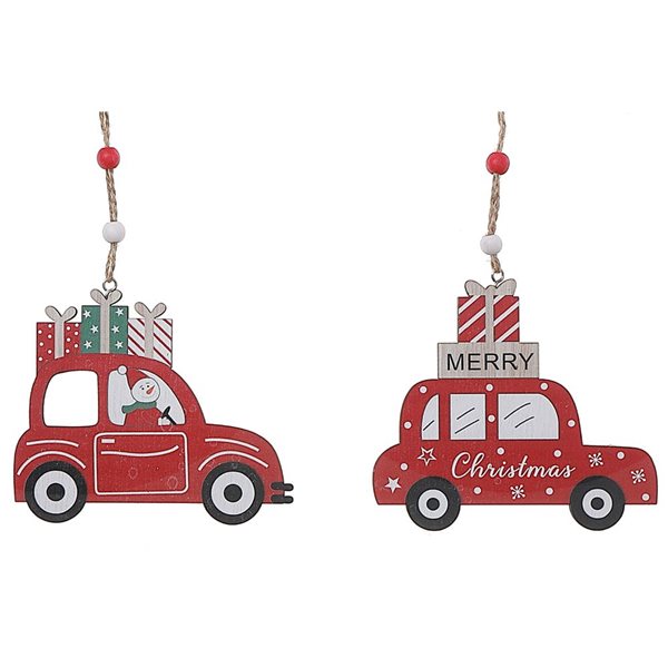 iH casadécor 4.72 L x 4.33-in H Red Wooden Car Christmas Ornament - Set of 12