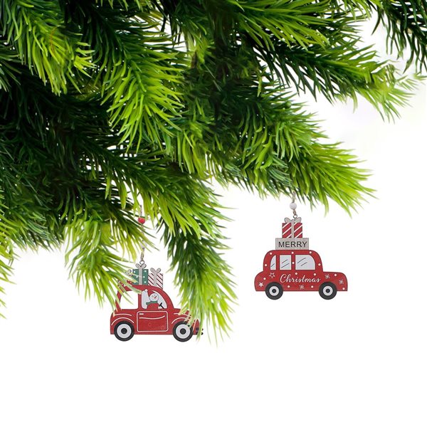 iH casadécor 4.72 L x 4.33-in H Red Wooden Car Christmas Ornament - Set of 12