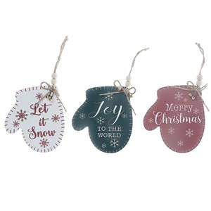 iH casadécor 4.54 L x 5-in H Red/Green/White Wooden Flat Mitten-Shaped Hanging Ornament with Text - Set of 12