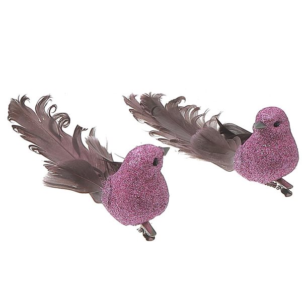 Ornement à pince oiseau avec queue de plume par iH casadécor 4,33 po en polymousse mauve pailleté, 12/pqt