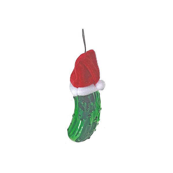 iH casadécor 1.18 W x 3.66-in H Glass Pickle with Christmas Hat Ornament - Set of 12