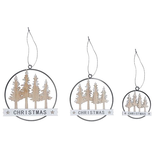 iH casadécor Metal and Wood Tree Round Christmas Ornament - Set of 3