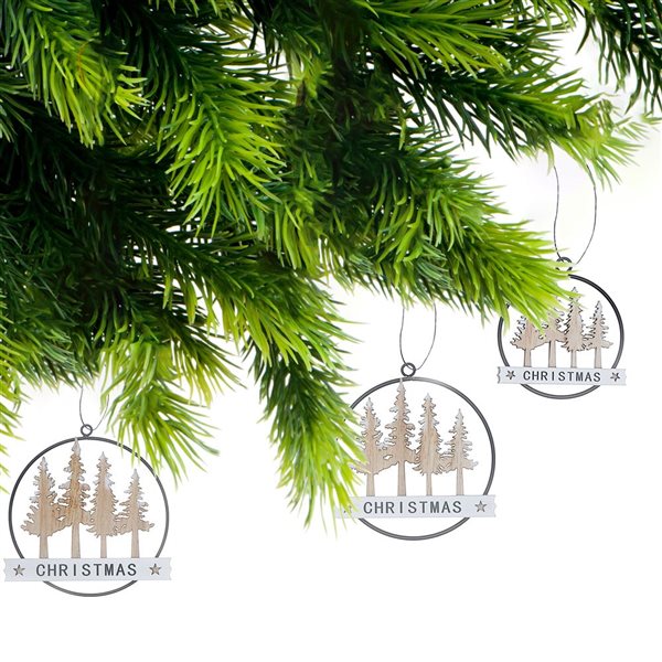 iH casadécor Metal and Wood Tree Round Christmas Ornament - Set of 3