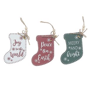 iH casadécor 4 L x 5-in H Red/Green/White Wooden Flat Stocking-Shaped Hanging Ornament with Text - Set of 12