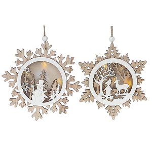 iH casadécor 5.51-in dia White and Natural Wooden Snowflake with Winter Scene LED Lighted Ornament - Set of 12