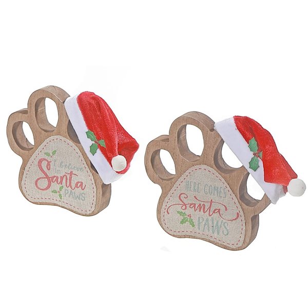 iH casadécor Wooden Paw With Santa Hat Table Sign - Set of 2