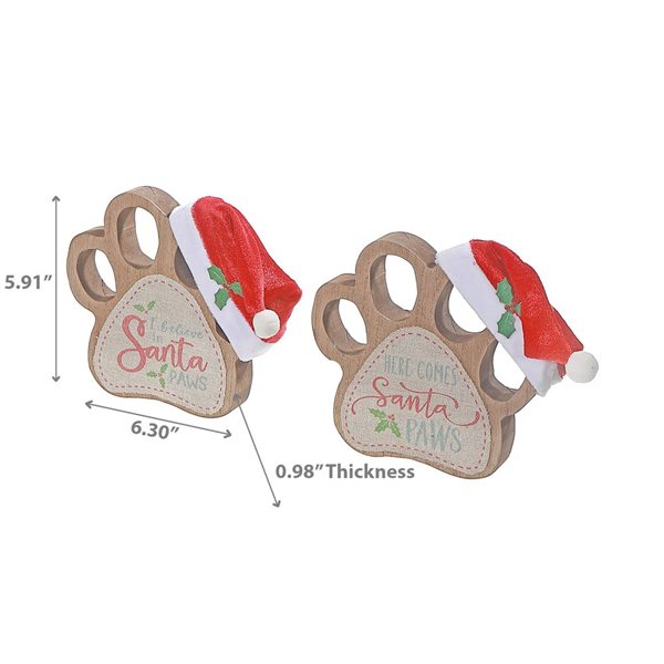 iH casadécor Wooden Paw With Santa Hat Table Sign - Set of 2